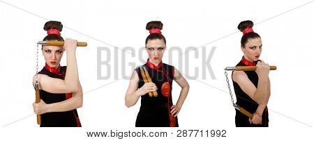 Funny woman with nunchucks isolated on white