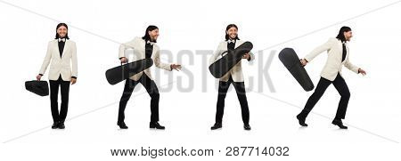 Man with violin case on whtie