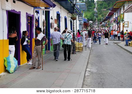 SALENTO, COLOMBIA, AUGUST 17, 2018: Street scene in Salento, Colombia, South America