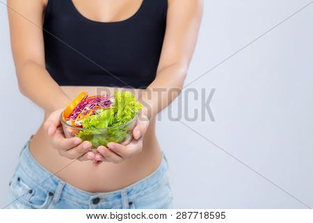Closeup Asian Woman Holding Salad Vegetable Food Isolated On White Background, Girl Diet Eating Vege