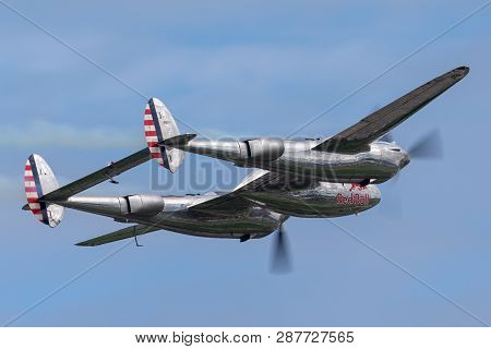 Payerne, Switzerland - August 30, 2014: Lockheed P-38 Lightning World War Ii Fighter Aircraft Operat