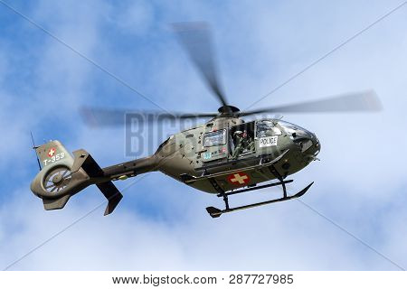 Payerne, Switzerland - August 30, 2014: Swiss Air Force Eurocopter Ec-635p Military Helicopter.