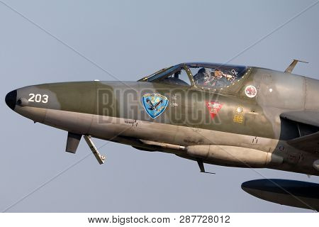 Payerne, Switzerland - September 6, 2014: Former Swiss Air Force Hawker Hunter T.68 Hb-rvw.