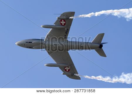 Payerne, Switzerland - September 8, 2014: Former Swiss Air Force Hawker Hunter T.68 Hb-rvr.