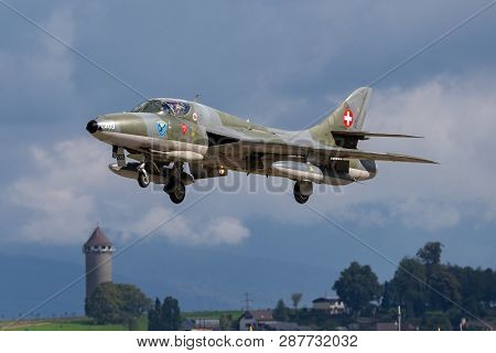 Payerne, Switzerland - September 1, 2014: Former Swiss Air Force Hawker Hunter T.68 Hb-rvw.