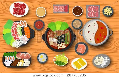 Hotpot And Ingredient On The Wooden Table
