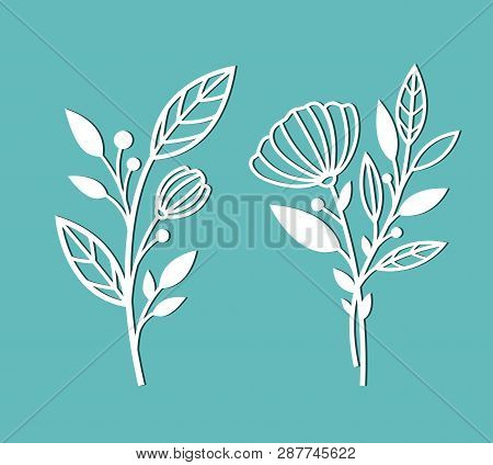 Branches With Flowers And Leaves. Patterns For Decoration. Elements For Cutting Out Of Paper, Plotte