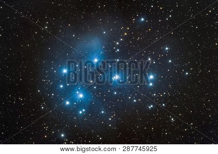 Messier 45 nebula also know as Pleiades taken with dedicated astrophotography camera on the telescope