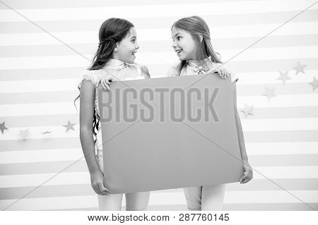 Girl Hold Announcement Banner. Girls Kids Holding Paper Banner For Announcement. Children Happy With