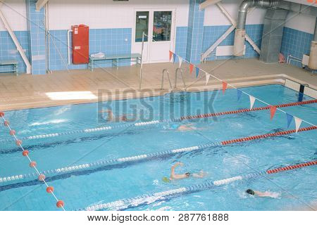 Swim In Swiming Pool. Closed Pool. Swim For Speed. Swimming Competition.