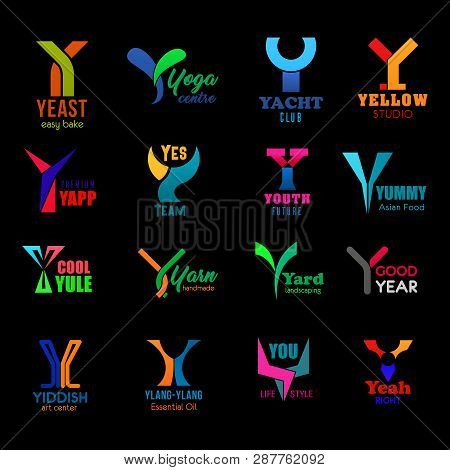 Letter Y Icons And Symbols Corporate Identity. Vector B Signs Of Bakery Shop, Yoga Sport Center And 