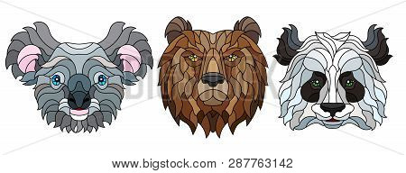 A Set Of Stained Glass Items, Stained Glass With Animal Heads, A Panda Bear, A Brown Bear And Koala 