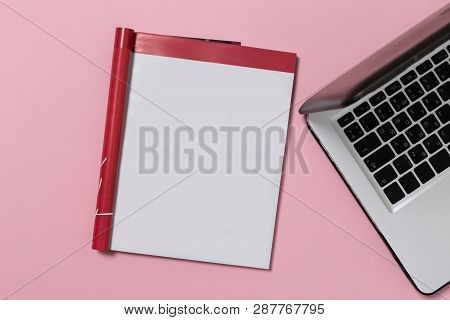 Office Desk Top View With Blank Notebook  Isolated On Pink, With Clipping Path, Changeable Backgroun