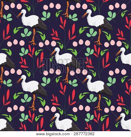Seamless Pattern With Storks And Flowers On A Dark Background