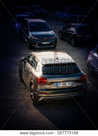Strasbourg, France - Sep 3 2017: View From Above Of Beautiful Audi Q2 Tfsi Mini Suv In Big Parking