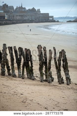 View Of Beach And Old Town Of Saint-malo. Brittany, France