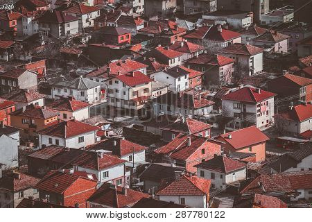 Balkan Village Architecture Landscape. Bulgarian Poor Region, Houses With Red Roofs.