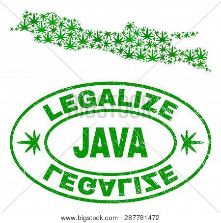 Vector Cannabis Java Island Map Mosaic And Grunge Textured Legalize Stamp Seal. Concept With Green W