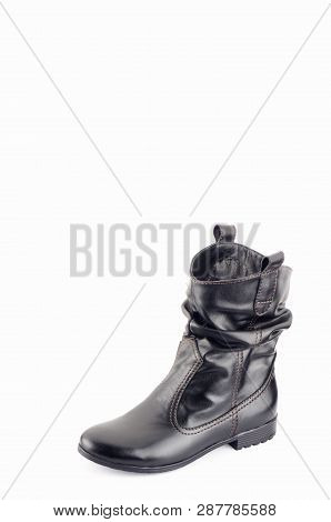 Beige Woman Long Boot Shoe Isolated On White Background. Fashionable Boots For Women May Exhibit All