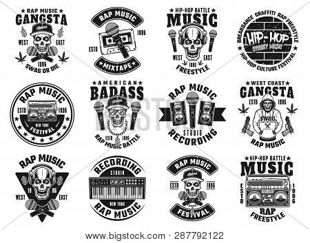 Rap And Hip-hop Set Of Twelve Vector Emblems, Labels, Badges Or Logos In Monochrome Style Isolated O