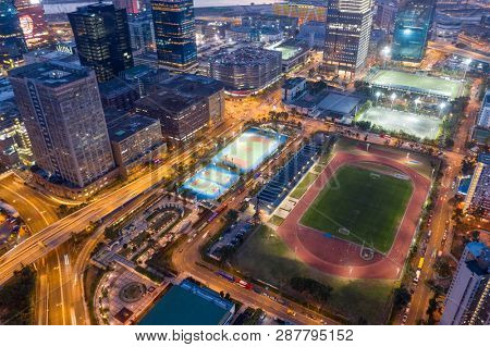 Kowloon Bay, Hong Kong, 16 February 2019:  Top down view of Hong Kong Kowloon side at night
