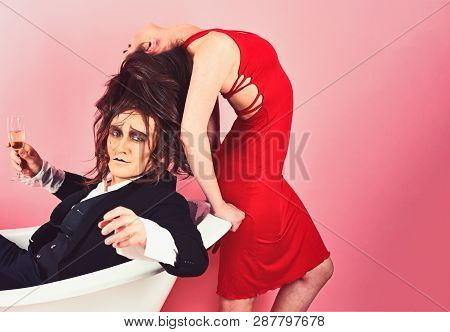 Telling A Love Story Through Body Motions. Mime Artists. Couple In Love Mime Enjoy In Bath Room. Cou