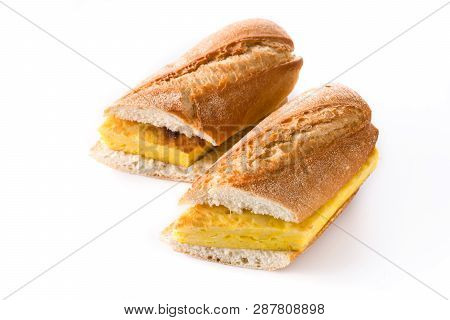Bocadillo De Tortilla Española. Spanish Potato Omelette Sandwich Isolated On White Background