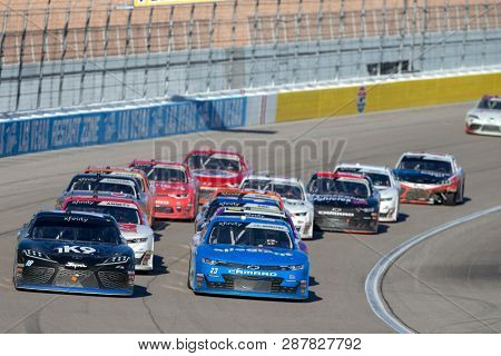 March 02, 2019 - Las Vegas, Nevada, USA: Kyle Busch (18) battles for position at the Boyd Gaming 300 at Las Vegas Motor Speedway in Las Vegas, Nevada.