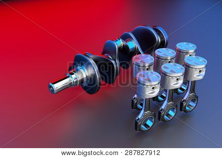 3d Rendering. Crankshaft For 6v Cylinders Engine. Truck Crankshaft On Multicolored Background. Engin