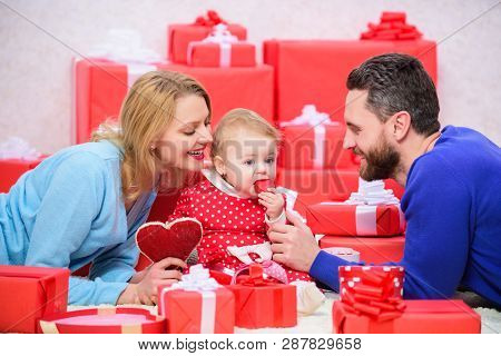 This Is Love. Love And Trust In Family. Bearded Man And Woman With Little Girl. Valentines Day. Red 