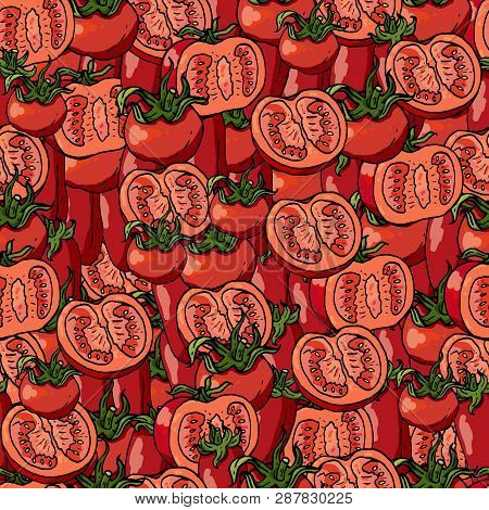 Seamless Pattern With Tomatoes And Tomato Slices. Endless Pattern With Vegetables