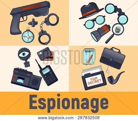 Espionage Concept Banner. Cartoon Banner Of Espionage Concept For Web, Giftcard And Postcard