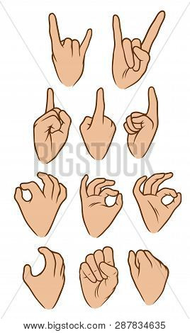 Cartoon Graphic White Human Hands. Showing Rock And Roll, Okay, Forefinger And Knuckle Gesture Or Si
