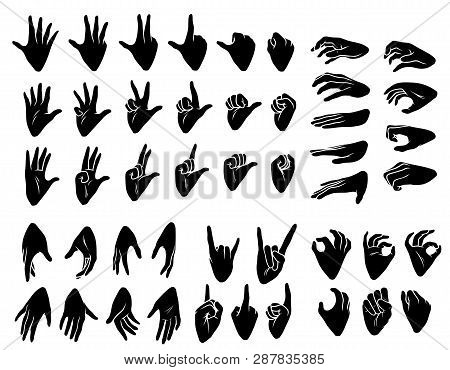 Cartoon Graphic Black Silhouette Human Hands. Showing Different Gesture Or Sign. Rock And Roll, Okay