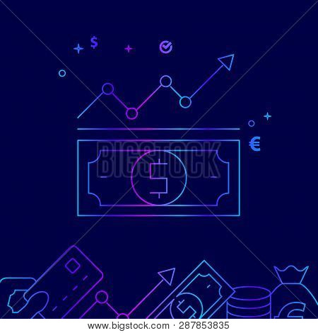 Dollar Rate Vector Line Illustration. Money Related Gradient Icon, Symbol, Pictogram, Sign. Dark Blu