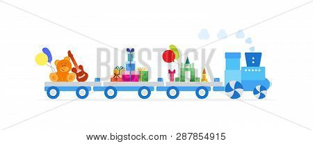 Funny Vector Illustration With Train Carries Toys: Baby Toy Musical Guitar, Designer, Bear, Gifts, B