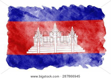 Cambodia Flag  Is Depicted In Liquid Watercolor Style Isolated On White Background