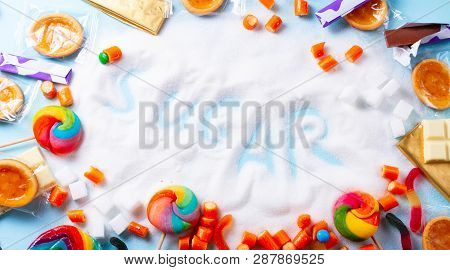 Sweets With Sugar, Flat Lay Top View Banner With Word Sugar