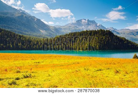 Awesome alpine lake Champfer in beautiful summer day. Location place Silvaplana village, Swiss alps, district of Maloja, Europe. Scenic image of famous european resort. Discover the beauty of earth.