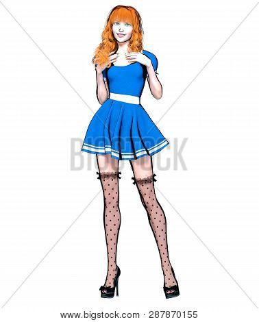 Sexy Anime 3d Doll Japanese Anime Girl Big Green Eyes.short Blue Dress Dark Stockings.cartoon, Comic