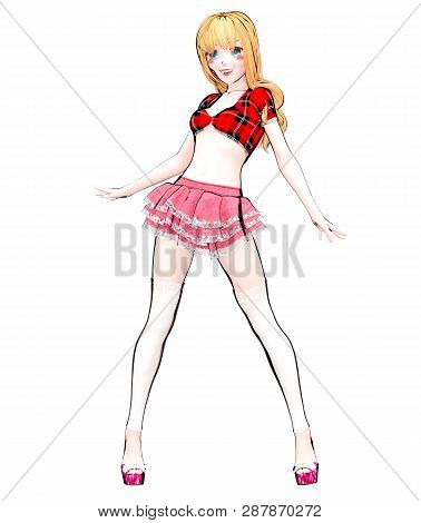 Sexy Anime 3d Doll Japanese Anime Schoolgirl Big Blue Eyes.short Red Jeans Skirt Blouse.cartoon, Com