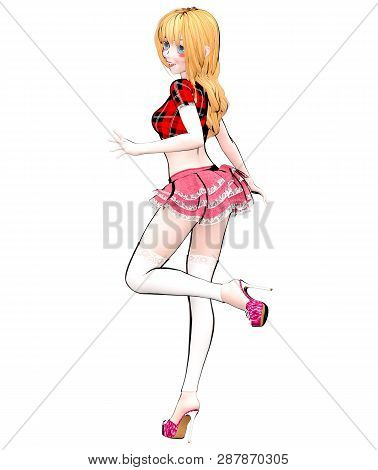 Sexy Anime 3d Doll Japanese Anime Schoolgirl Big Blue Eyes.short Red Jeans Skirt Blouse.cartoon, Com