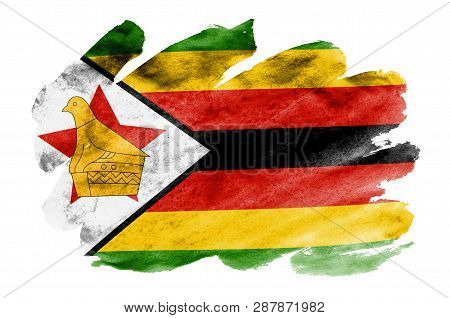 Zimbabwe Flag  Is Depicted In Liquid Watercolor Style Isolated On White Background