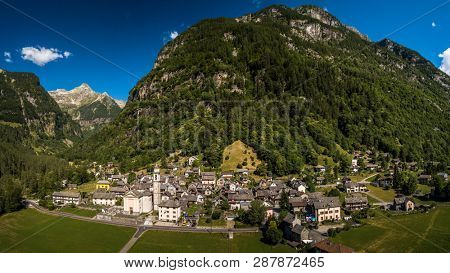 The Village of Sonogno in Verzasca Valley near Locarno,Ticino Canton,Switzerland - aerial panorama image