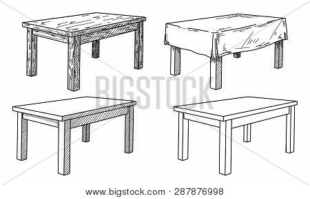 Realistic Sketch Of Different Tables In Perspective. Table Set. Vector Illustration