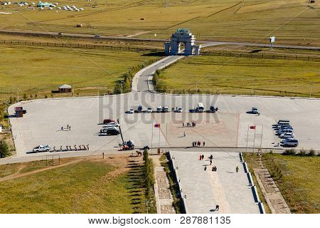 Tsonjin Boldog, Mongolia - September 14, 2018: The Giant Genghis Khan Equestrian Statue. Top View Of