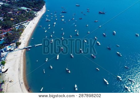 Ilhabela, Sao Paulo, Brazil: Aerial View Of A Blue Sea And Clear Weather. Fantastic Landscape. Great