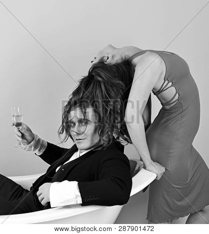 Love Has A Ton Of Ways Of Expressing Itself. Mime Show. Couple In Love Mime Enjoy In Bath Room. Mime