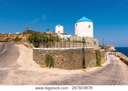Traditional Greek Windmills In Kastro Village In Sifnos, Cyclades, Greece