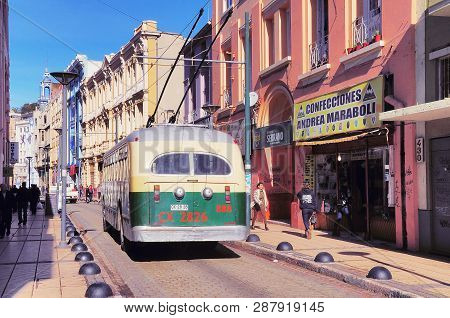 Valparaiso, Chile - May 29, 2013: Old Trolleybus Moves On The Historical City District.